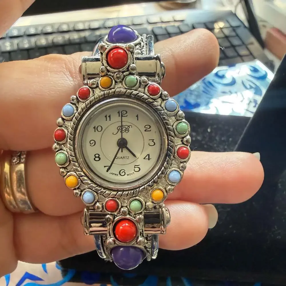 JB Cuff Watch Silver South West Style Colorful Stones